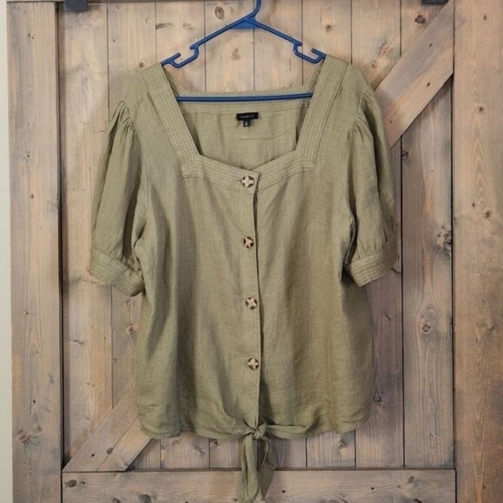 Talbots 100% Linen Square Neck Button Front Short Puff Sleeve Blouse XL